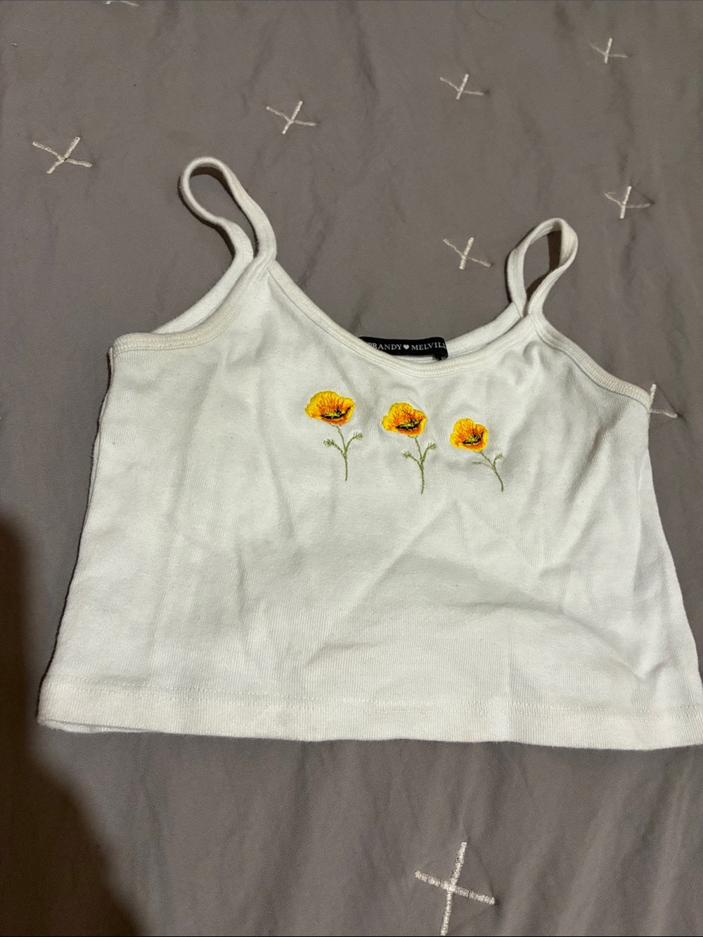 Brandy Melville White Cami with Yellow Floral Embroidery